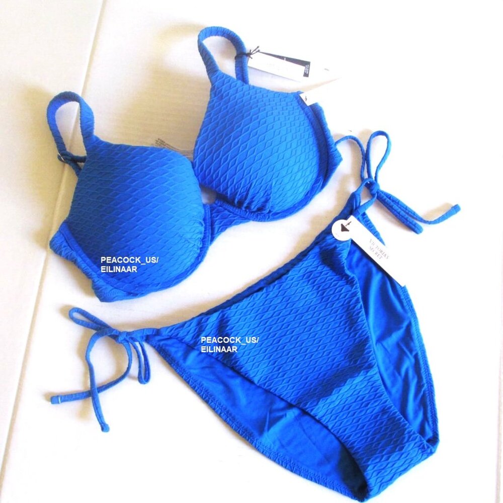 38D/L Victoria Secret Swim Icon Push Up Top Bikini Set Side Tie Bottom Blue